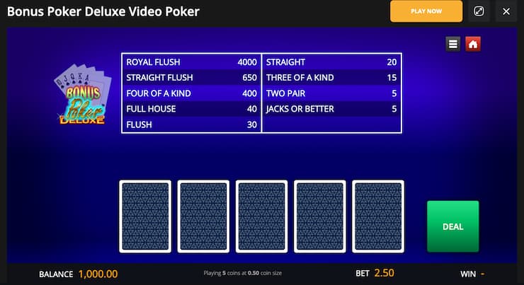 An image of a video poker free play game from BetWhale.